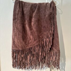 Brown Suede Fringe Wrap Skirt